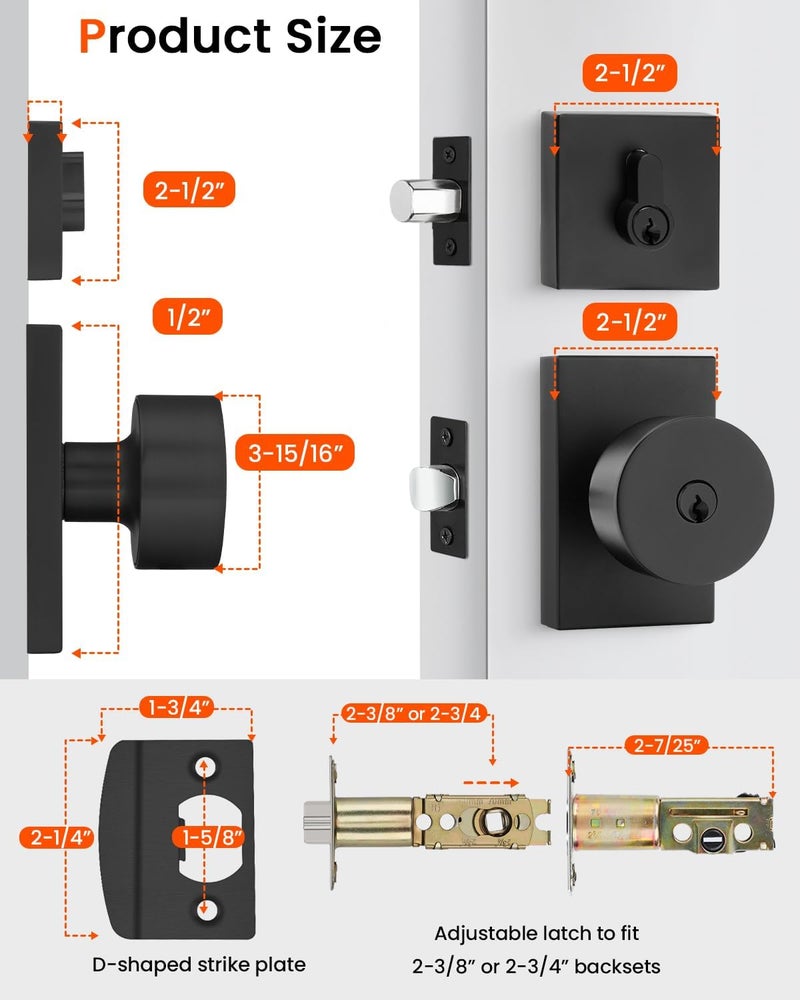 Haidms Black Door Knob with Deadbolt, Heavy Duty Matte Black Exterior Door Lock Set, Zinc-Alloy Front Door Knob and Deadbolt Set(1 Pack) - Image 5